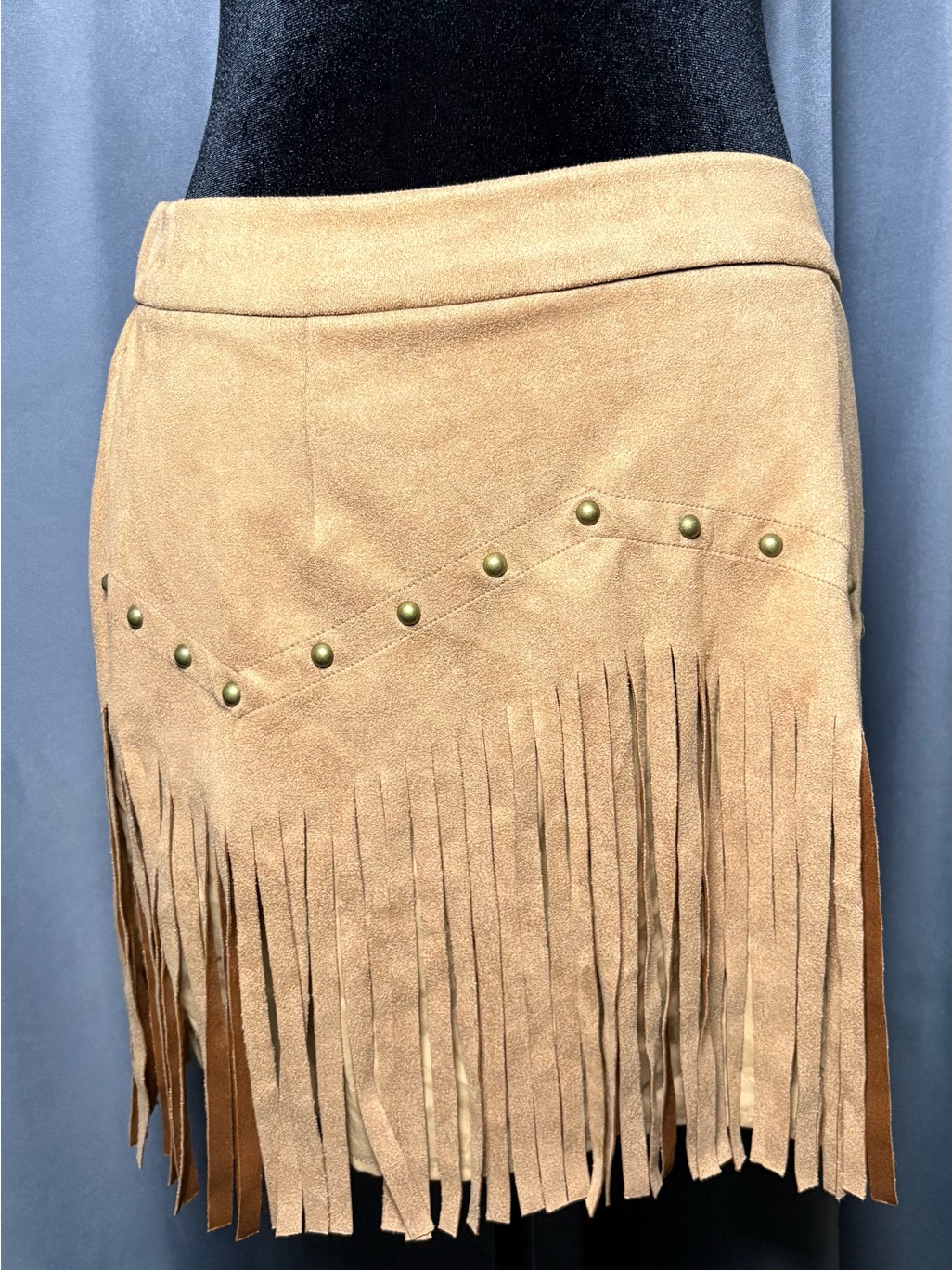 Shein Tan Suede Fringe Mini Skirt With Studs